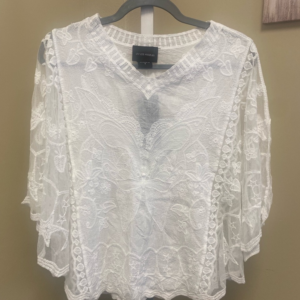 White Flutter Sleeve Blouse with Butterfly pattern